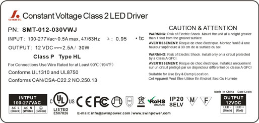 277V 12V 30W LED Strip Power Supply with UL certification