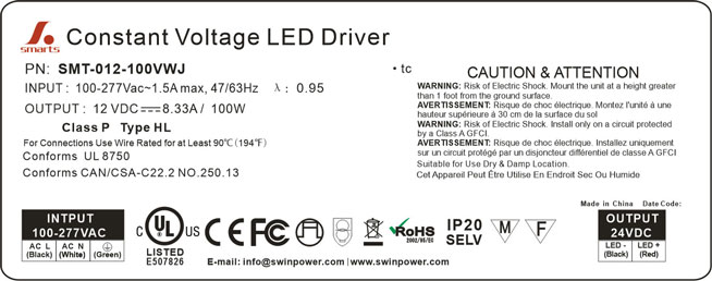UL Listed 12VDC 100W LED Light Power Supply Manufacturers