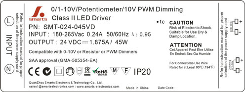 waterproof 24v 45w 0-10v dimmable led power supply