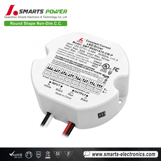 mejor Controlador LED redondo de corriente constante de potencia máxima de 50W seleccionable de 600–1750mA