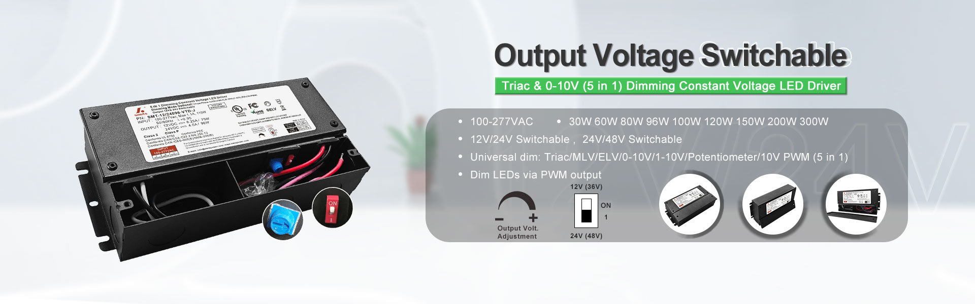 Triac & 0-10V (5 in 1) Dimming  Output Voltage Switchable Constant Voltage LED Driver